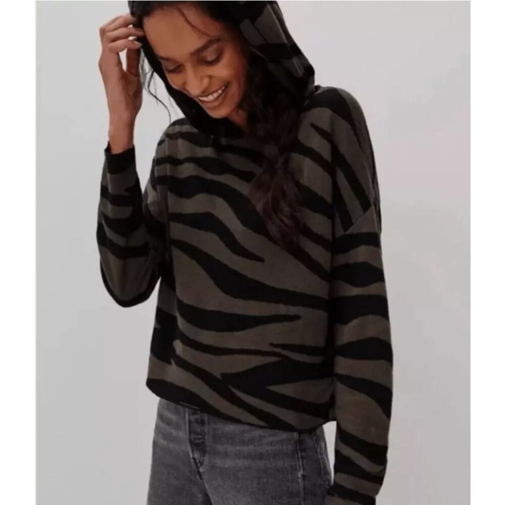 Anthropologie Zebra Kasia Knit Sweater Hoodie Sz L Green Black Punk Rock Cropped